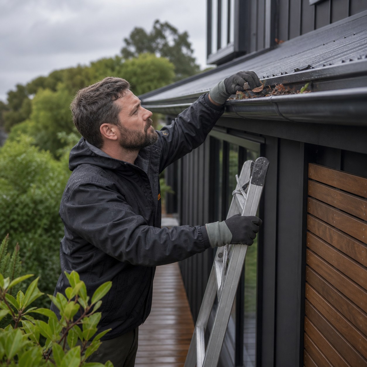 Maintenance worker checking a rental home's roof and gutters