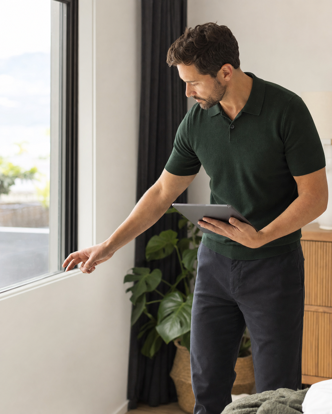 Landlord using a tablet while checking a rental property